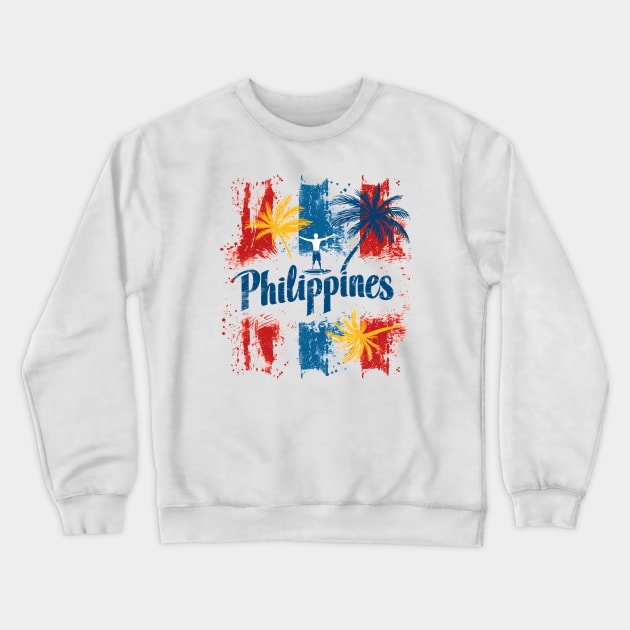 Philippines Vibes - Colourful palm trees and surfer Crewneck Sweatshirt by MLArtifex